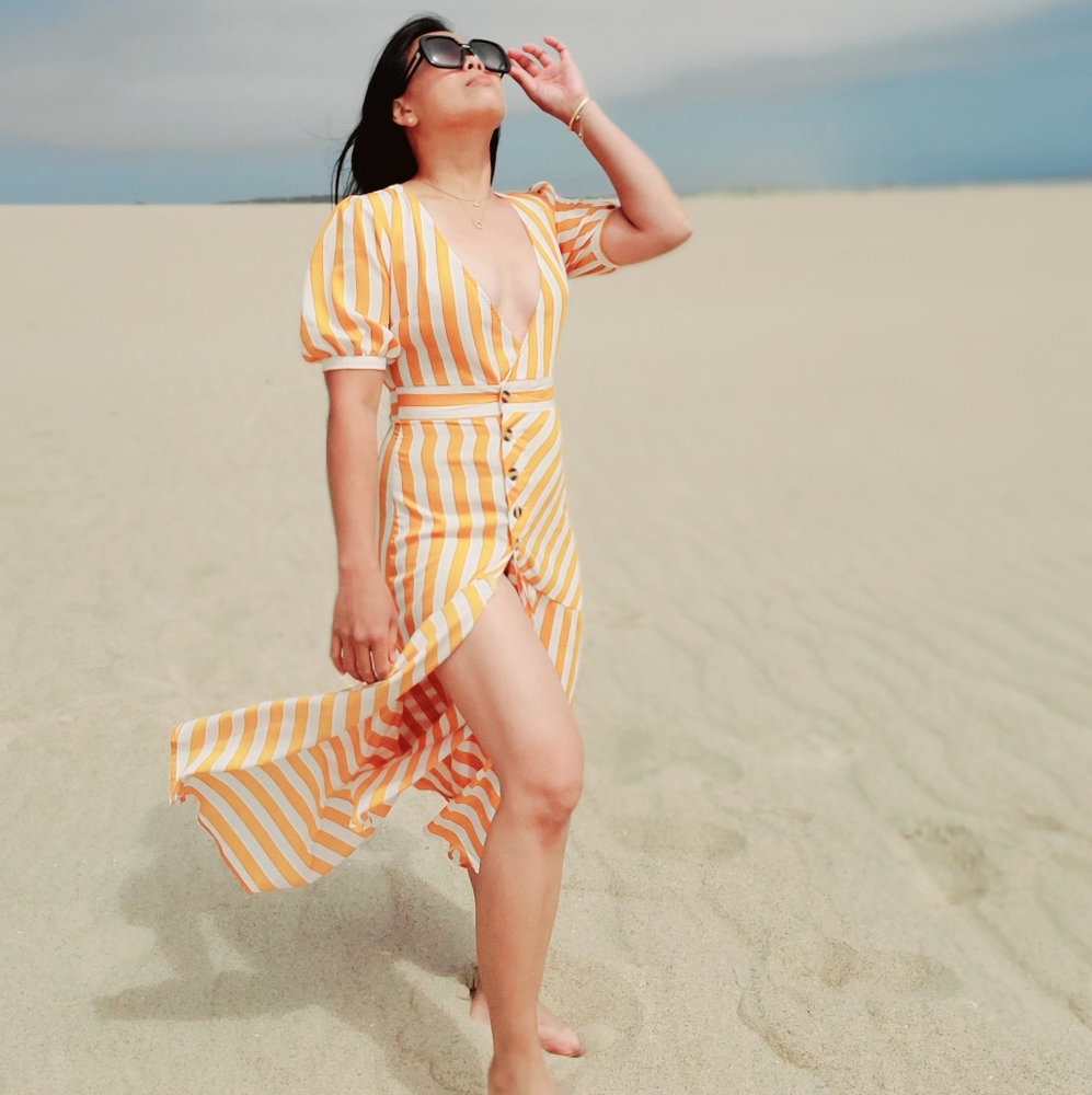 EVERKAKI BOHO STYLE MUSTARD STIPES DRESS SZ S